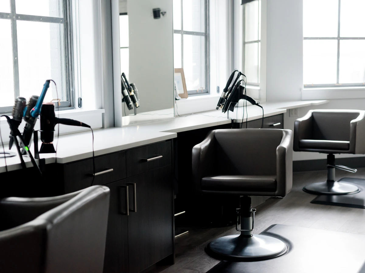 Hair salon styling chairs and mirrors