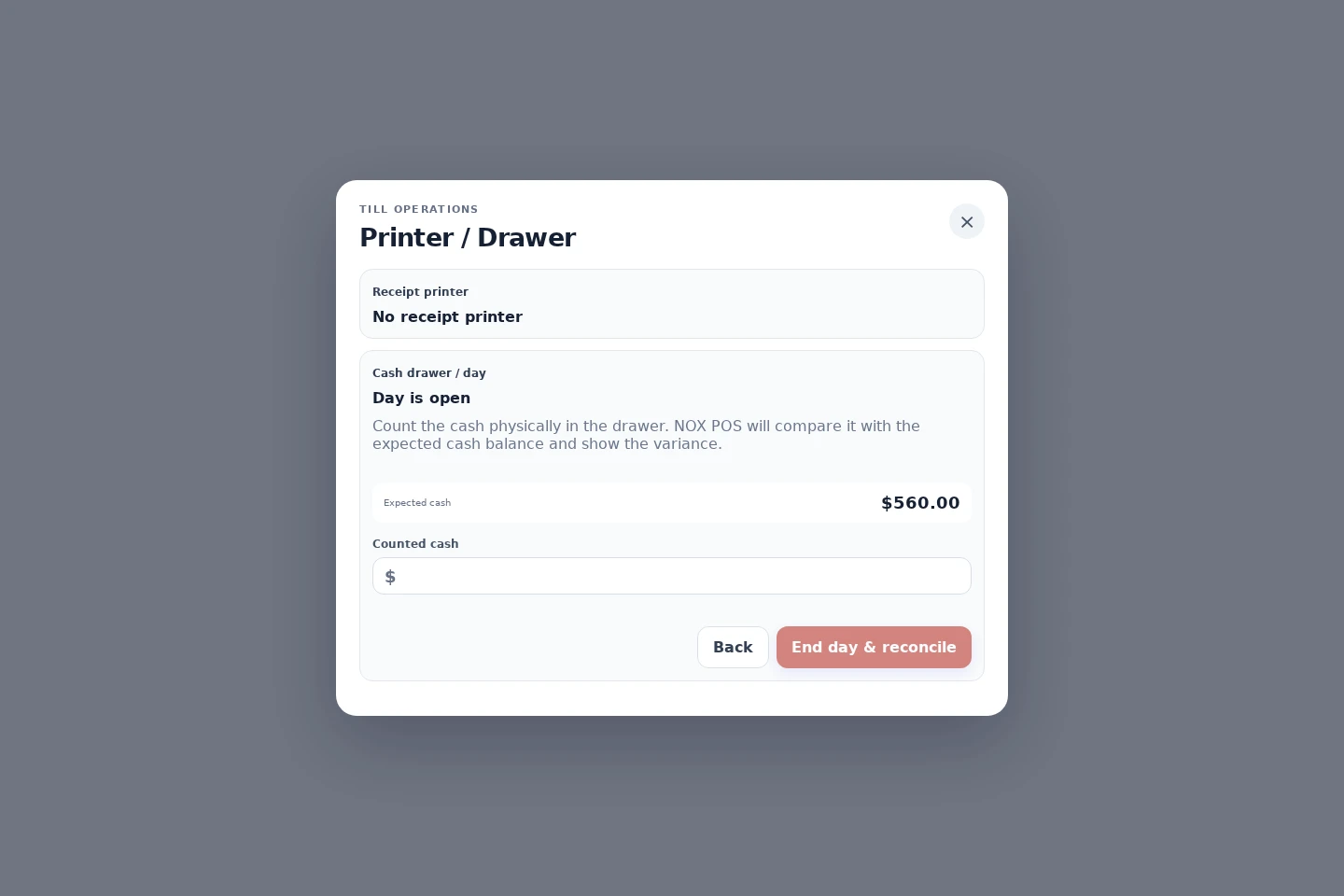 Actual NOX POS interface: Existing end-of-day cash reconciliation form with fictional cash figures.