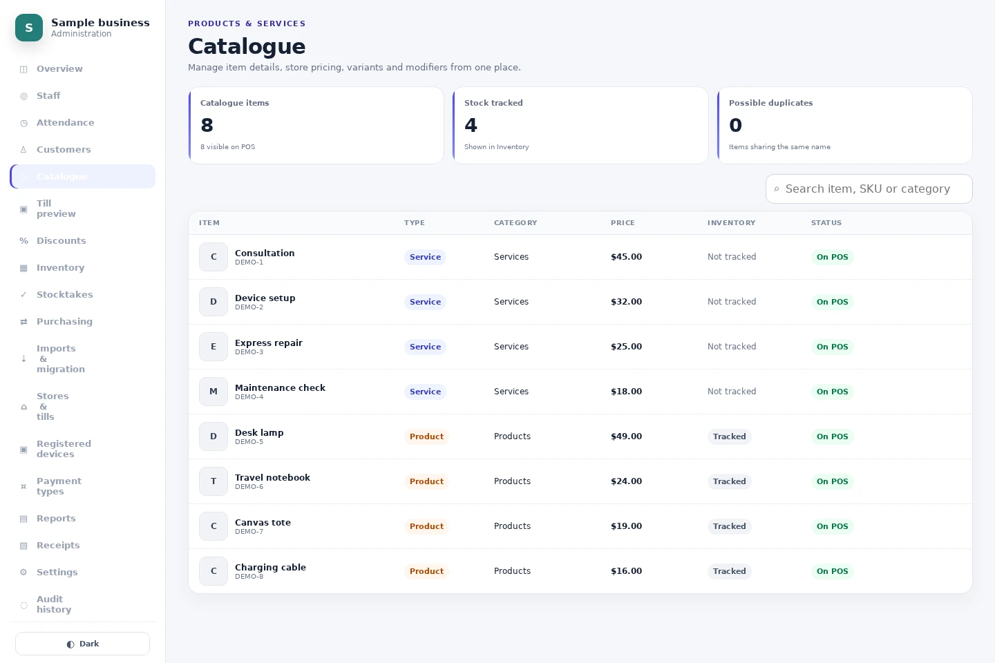 Actual NOX POS interface: NOX product and service catalogue with fictional item names and prices.