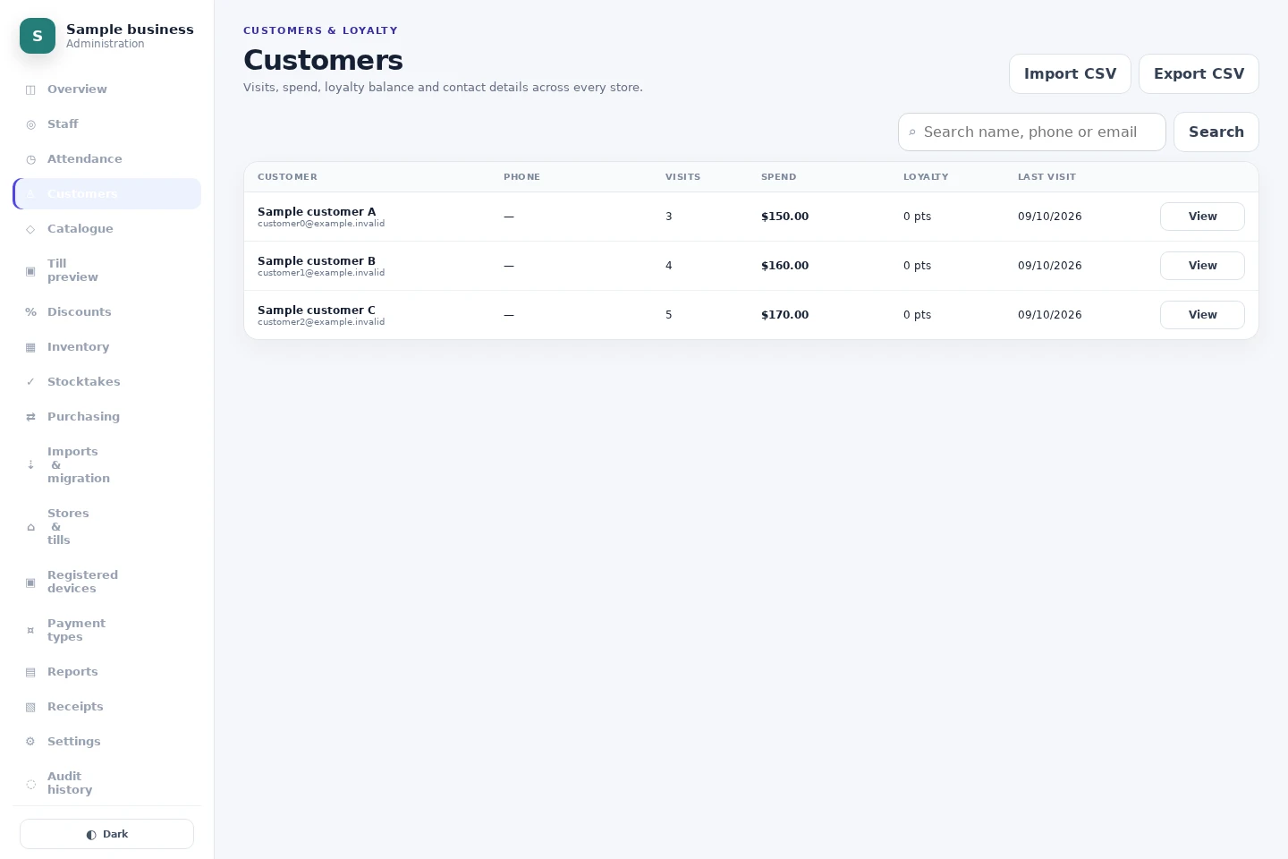 Actual NOX POS interface: Customer contact and purchase summaries using clearly labelled fictional customers.