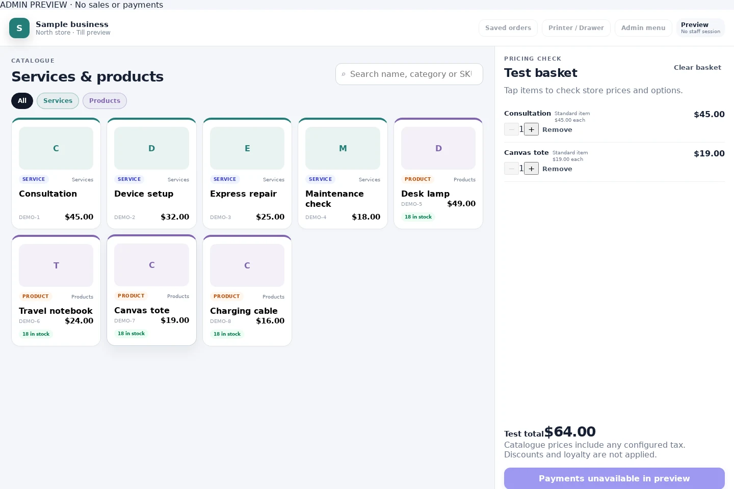 Actual NOX POS interface: Touch-friendly till with fictional services, products and a sample basket.